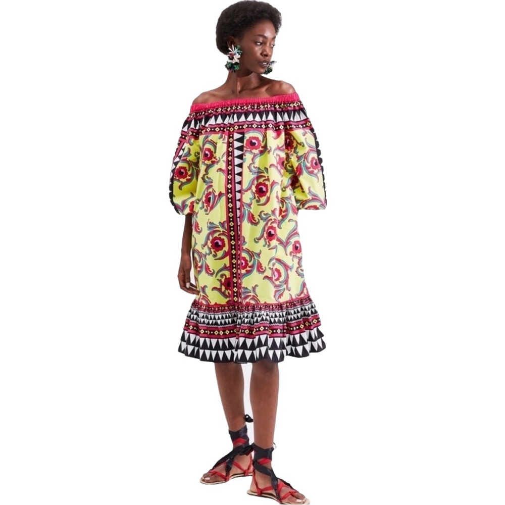 La DoubleJ Paloma short cotton trapeze dress in Cartwheel Giallo geometric print - Picture 10 of 11